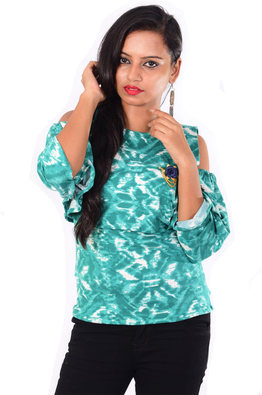 xposy Formal Cold Shoulder Printed Women Green Top