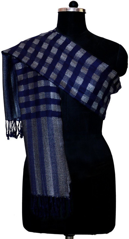 weavecrafts Cotton Viscose Blend Checkered Women, Women Shawl(Dark Blue)