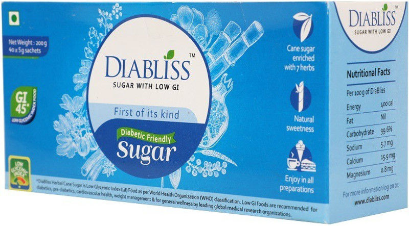 DiaBliss Herbal Cane Sugar with Low Glycaemic Index (GI) - 40 x 5 Grams Sachet Box - Pack of 5 Sugar(200 g, Pack of 5) DiaBliss Herbal Cane Sugar with Low Glycaemic Index (GI) - 40 x 5 Grams Sachet Box - Pack of 5 Sugar(200 g, Pack of 5)