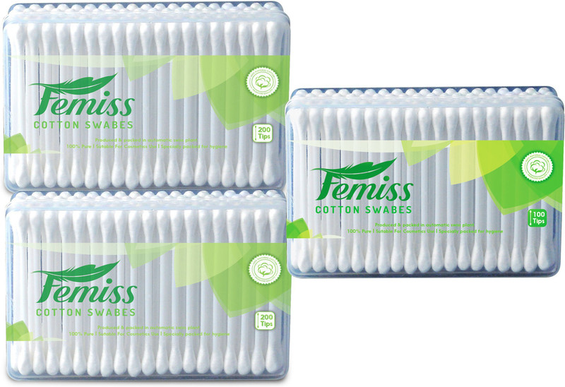 femiss cotton swabs box of 200 & 100 sticks (pack of 3)(3 Units)