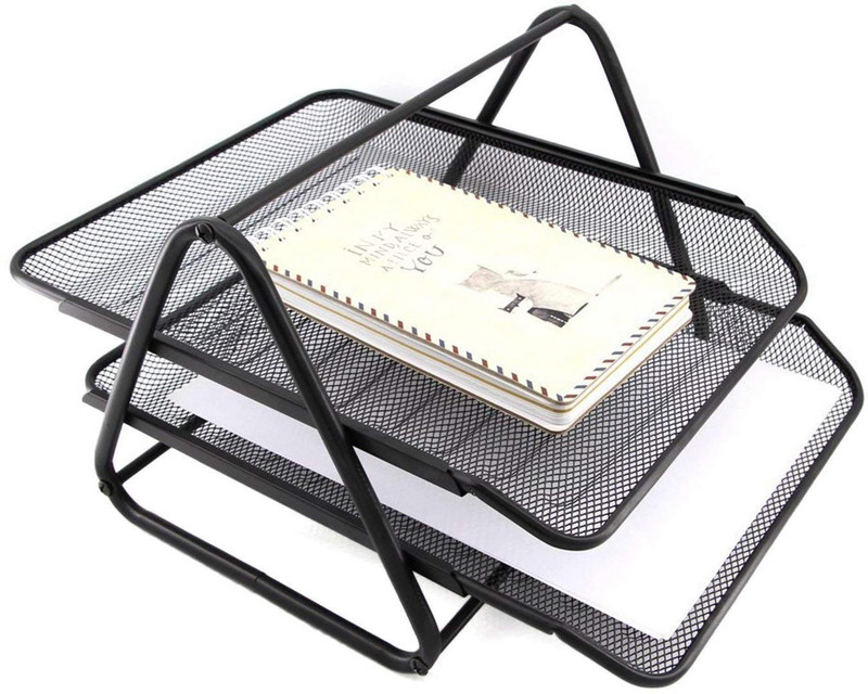 topmost 2 Compartments Metal Mesh Document Tray File Rack 2 Tiers(Black)