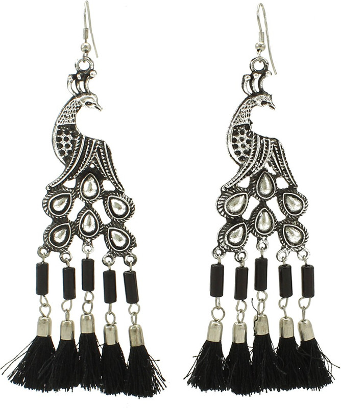 fashionly stylish partywear shiny black peacock antique silver dangle earrings Alloy Drops & Danglers