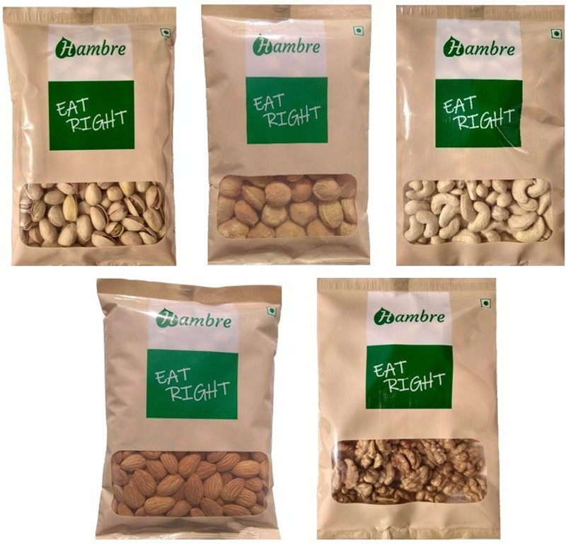 Hambre Dry Fruit Combo, Almond+Walnut+Apricots+Pistachios+Cashewnut, (250gx5), Pack of 5 Pistachios, Apricots, Cashews, Walnuts, Almonds(5 x 250 g)