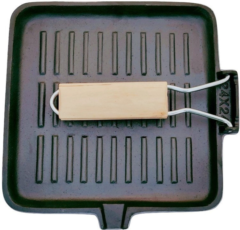 ekitchen Cast Iron Pre-Seasoned Square Grill Pan with foldable Wooden Handle Rib Roaster Grill(Pack of 1)