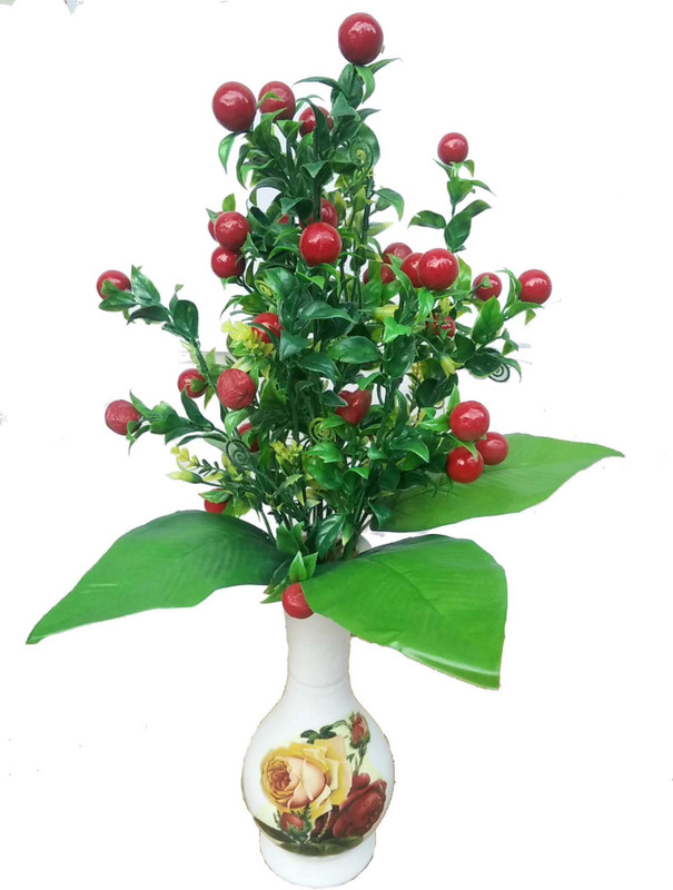sofix Artificial Flower Cherry Artificial Plant With Wooden Vase 25CM - Superb Quality - 55 CM Red Holly Berry Artificial Flower  with Pot(22 inch, Pack of 1)