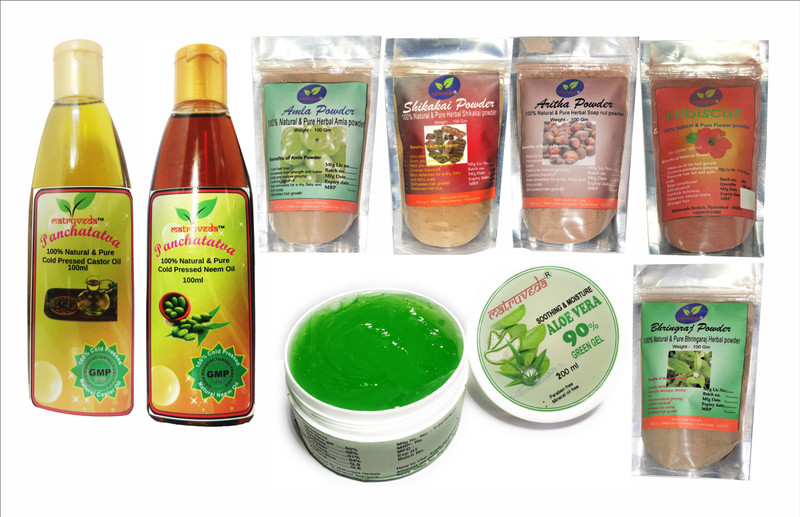 matruveda 100% Natural Bhringraj , Amla, Aritha, Shikakai & Hibiscus Powder, Neem Oil, Castor oil & Aloe Vera Gel (Pack of 8) Each 100gm(800 g)