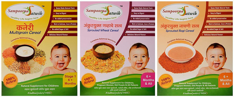 sampoorna satwik Multigrain Cereal Stage 1, Sprouted Wheat Cereal and Sprouted Ragi Cereal, 600 Grams (Combo of 3), Homemade, Natural Cereal(600 g, Pack of 3, 1)