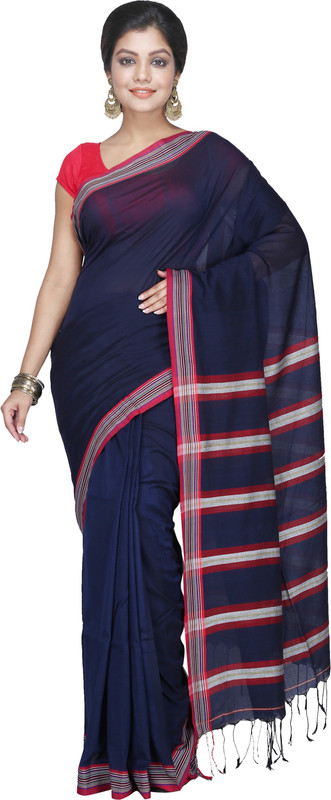 3stones Striped Handloom Handloom Cotton Blend Saree(Blue)