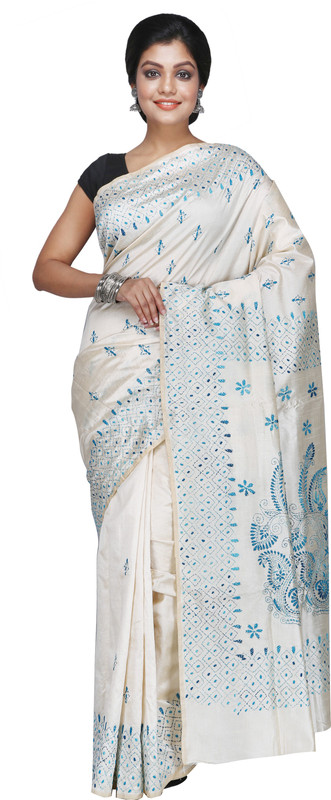 3stones Embroidered Katha Handloom Art Silk Saree(White)