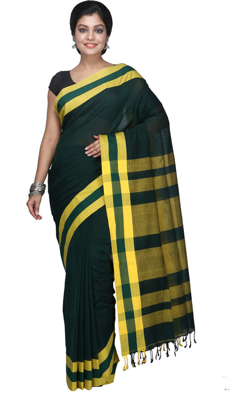 3stones Color Block Handloom Handloom Cotton Blend Saree(Black)