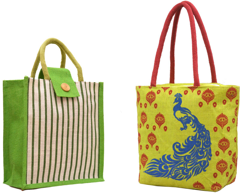AGGDA **2 BAGs COMBO**Women Waterproof Jute Peacock with Feathers Printed Tote Shoulder Bag Handbag Eco-Friendly with && Green Stripes Printed with Rope Handle Jute Tiffin Lunch Handbag. … Waterproof Multipurpose Bag(Multicolor, 16 L)