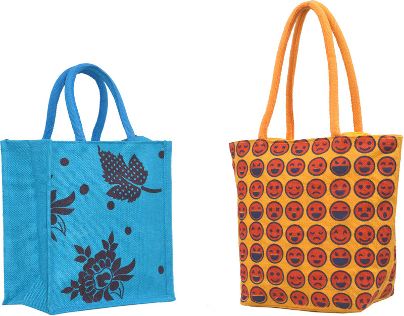 AGGDA **2 BAGs COMBO**Women Waterproof Jute Smiley Printed Tote Shoulder Bag Handbag Eco-Friendly with &&Leaves and flower Printed with Rope Handle Jute Tiffin Lunch Handbag. … Waterproof Multipurpose Bag(Multicolor, 16 L)