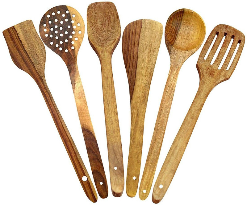 sri balajee G-M2L-BIA Home Retail Set of 6 Handmade Wooden Serving and Cooking Spoons Set Brown Kitchen Tool Set(Brown)
