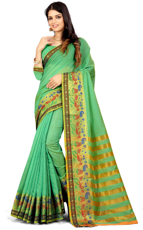 manikarnika Self Design Fashion Cotton Blend Saree(Light Green)