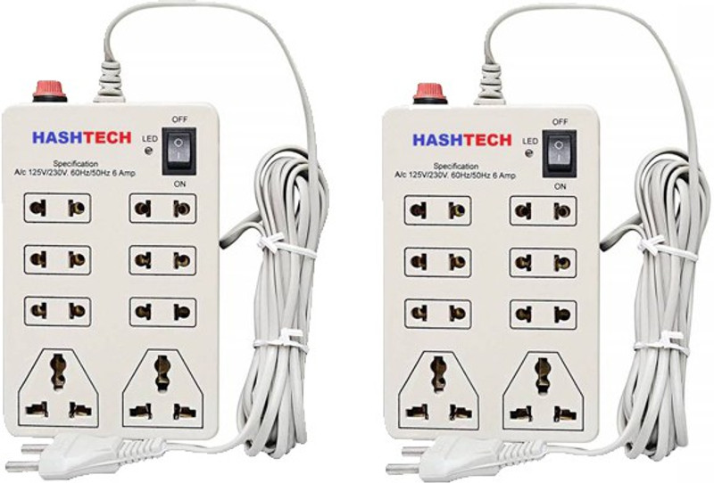 Hashtech Mini Strip Extension Board 6 Amp 8 Universal Multi Plug Point Extension Cord (3.2 Meter) with LED Indicator and On/Off Switch (Pack of 2) 8 Socket Surge Protector(White)