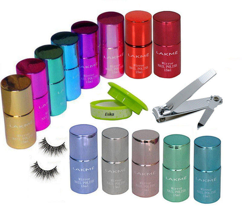 eska Eyelasehs,Lakme Mirror Nail Paint Set Of 12,Nail Cutter, Nail Polish Remover(Set of 15)