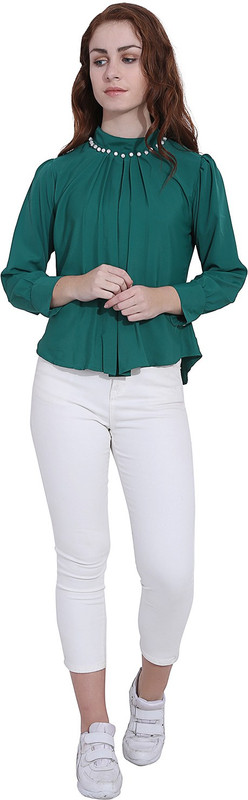 galaxy enterprises Casual Cuffed Sleeve Embellished Women Dark Green Top