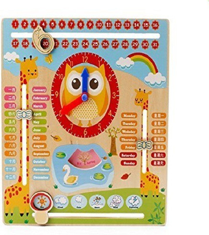 yamama Early Learning Cartoon Owl Clock Season Weather Multi - Functional Wooden Educational Board Toys(Multicolor)