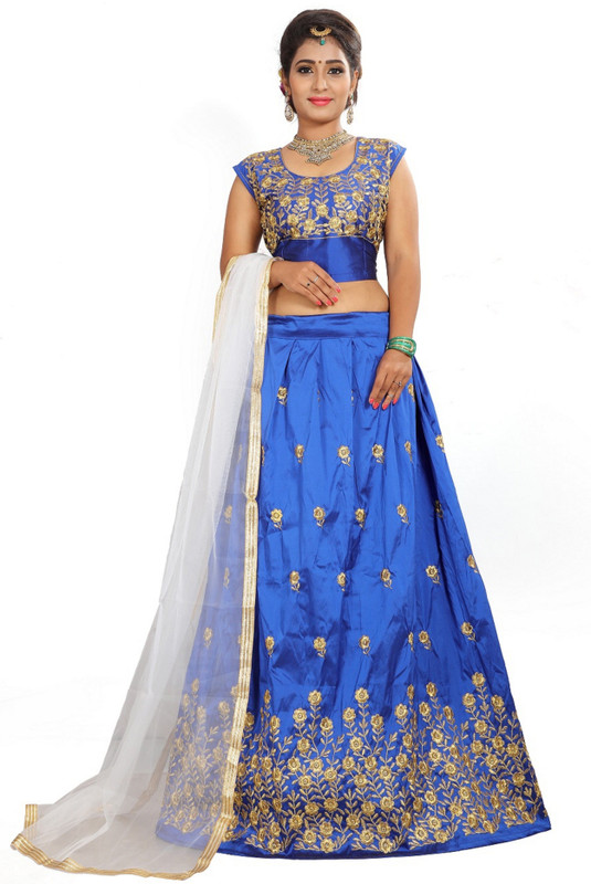 plaincraft enterprise Embellished Semi Stitched Lehenga, Choli and Dupatta Set(Gold, White, Blue)