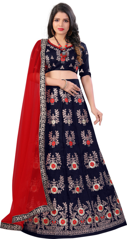 aadhiya impex Embellished Semi Stitched Lehenga, Choli and Dupatta Set(Dark Blue)