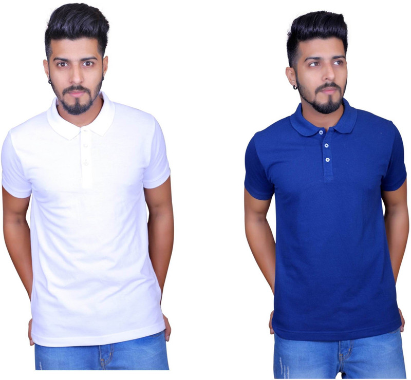Thread Craft Solid Men Polo Neck White, Blue T-Shirt(Pack of 2)