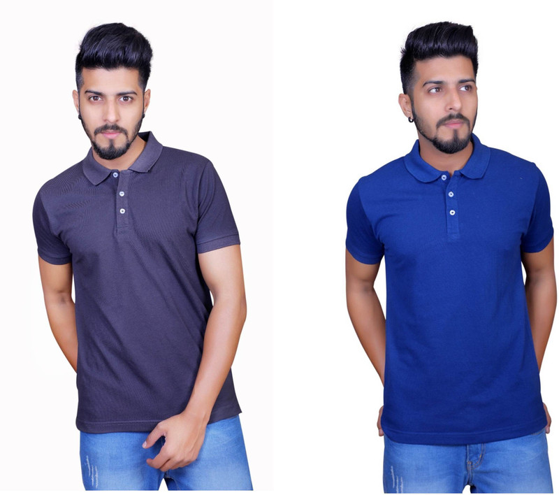 Thread Craft Solid Men Polo Neck Blue, Dark Blue T-Shirt(Pack of 2)