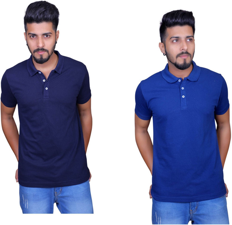 Thread Craft Solid Men Polo Neck Blue T-Shirt(Pack of 2)