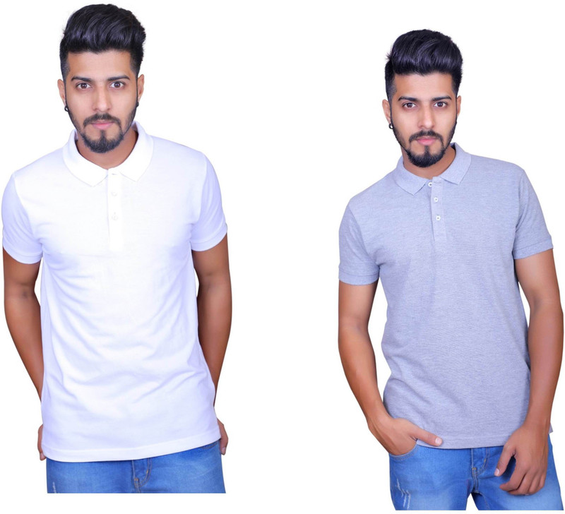 Thread Craft Solid Men Polo Neck White, Grey T-Shirt(Pack of 2)