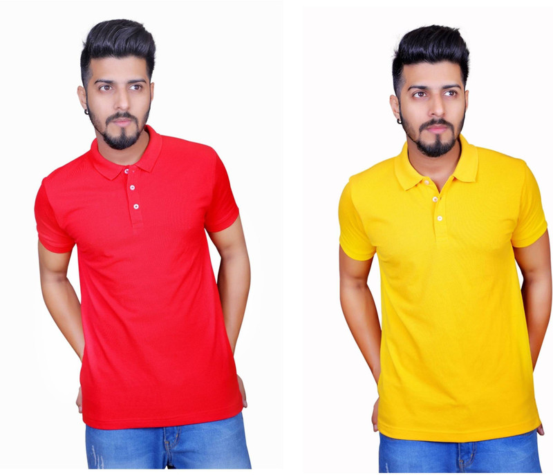 Thread Craft Solid Men Polo Neck Red, Yellow T-Shirt(Pack of 2)