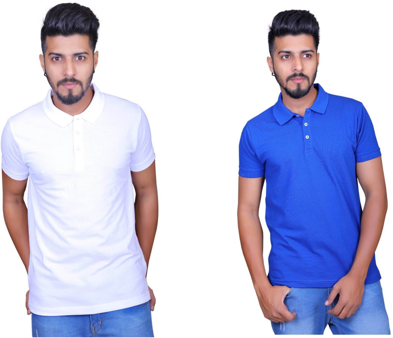 Thread Craft Solid Men Polo Neck White, Blue T-Shirt(Pack of 2)