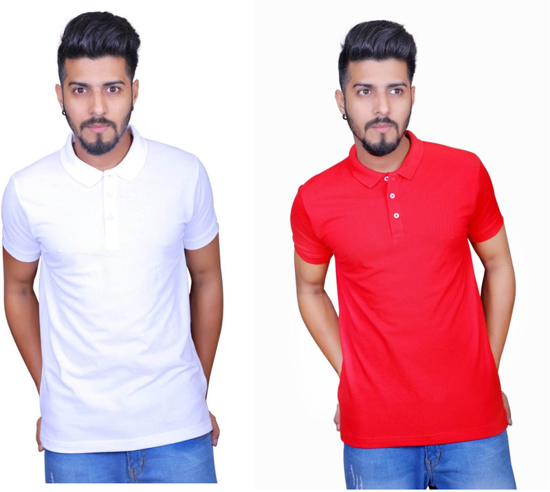Thread Craft Solid Men Polo Neck White, Red T-Shirt(Pack of 2)