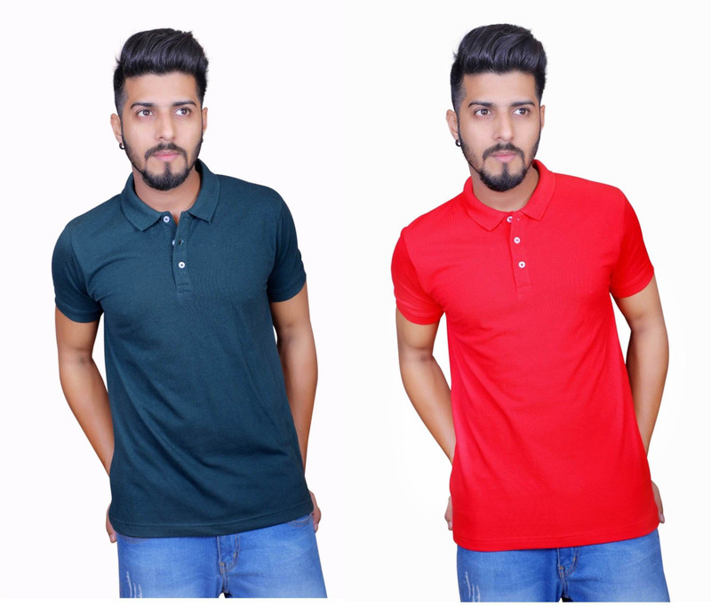 Thread Craft Solid Men Polo Neck Green, Red T-Shirt(Pack of 2)