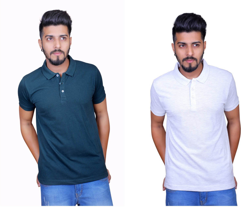 Thread Craft Solid, Self Design Men Polo Neck White, Blue T-Shirt(Pack of 2)
