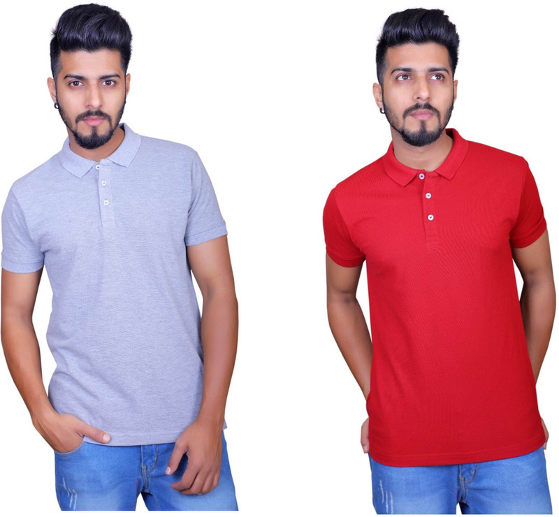 Thread Craft Solid, Self Design Men Polo Neck Grey, Red T-Shirt(Pack of 2)