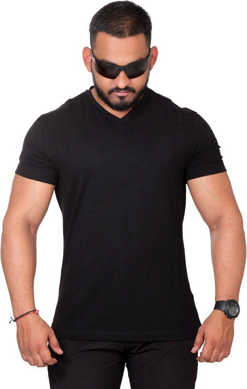 pariferry Solid Men V-Neck Black T-Shirt