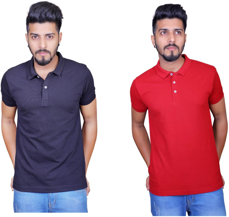 Thread Craft Solid Men Polo Neck Red, Dark Blue T-Shirt(Pack of 2)