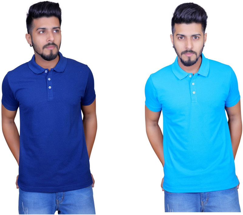 Thread Craft Solid Men Polo Neck Blue, Light Blue T-Shirt(Pack of 2)