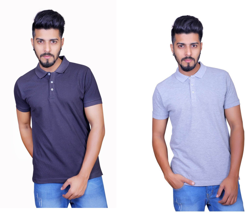 Thread Craft Solid Men Polo Neck Grey, Blue T-Shirt(Pack of 2)