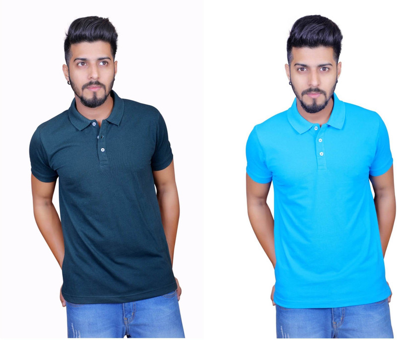 Thread Craft Solid Men Polo Neck Blue T-Shirt(Pack of 2)