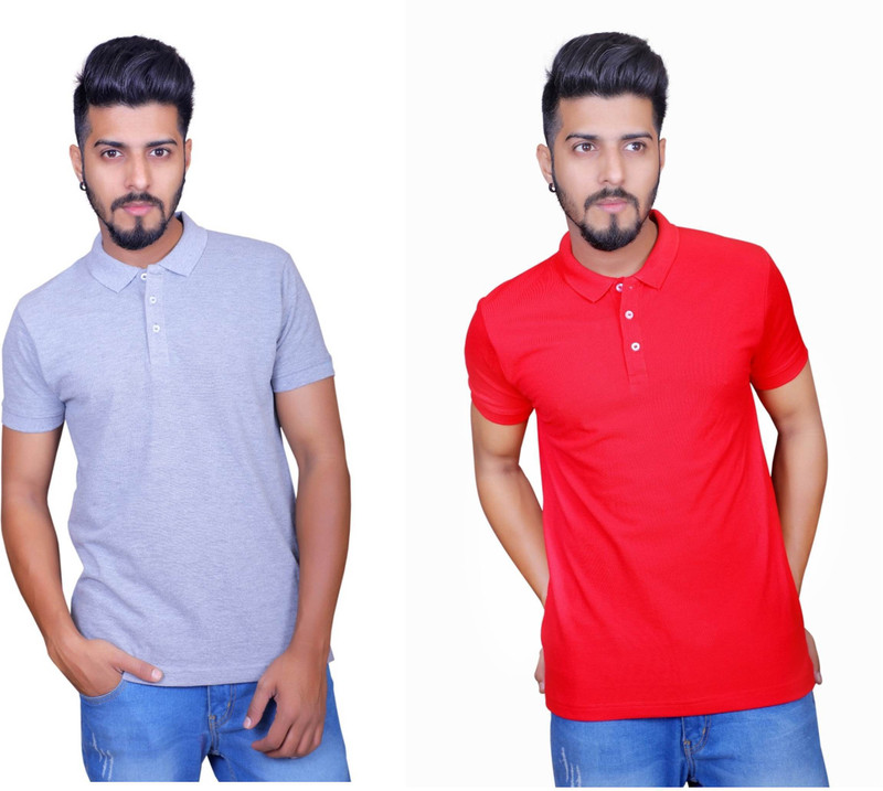 Thread Craft Solid, Self Design Men Polo Neck Grey, Red T-Shirt(Pack of 2)
