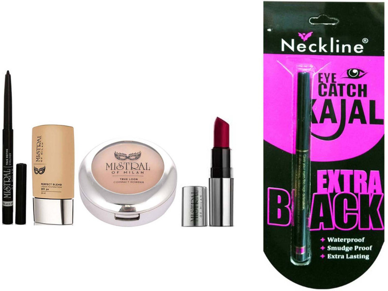 mistral of milan Perfect Blend Liquid Foundation , True Look Compact Powder , truedefine eyeliner with sharpner , 4.2 g, MERRY ME RED lipstic with nackline kajal(5 Items in the set)
