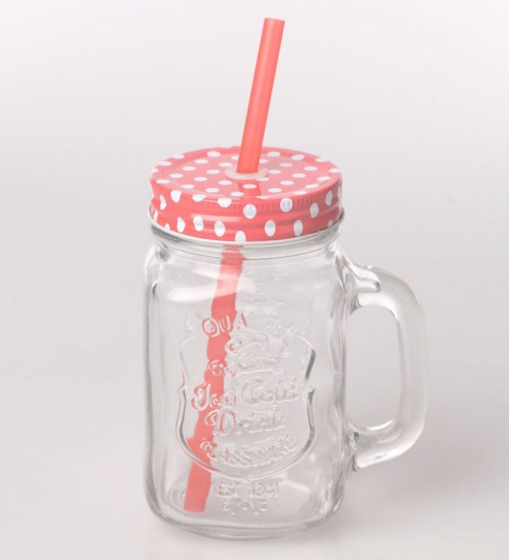CASADOMANI Glass Mason Jar Mug with Lid and Straw Smoothie Ice Cream Fruit  Cold Drinking Water Jars Juice Cup Straw jar - 400 ml Glass Fridge