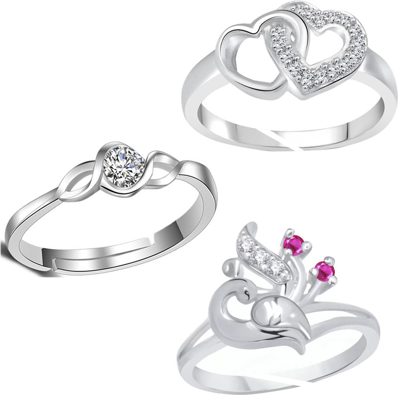 jewellery for women Jewellery For Women 3 Adjustable Finger Silver Plated Elegant Hrt, Peacock & Classic Diamond Rings For Womens And Girls Alloy Cubic Zirconia Silver Plated Ring