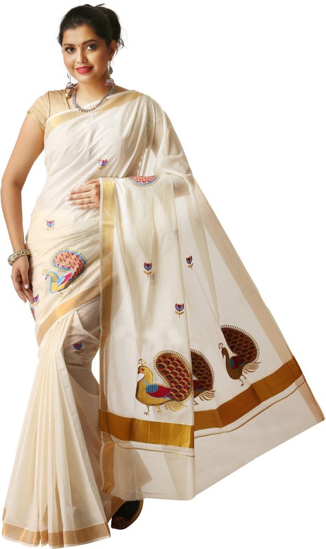 Rsv fabrics Self Design, Embroidered Bollywood Cotton Blend Saree(White)