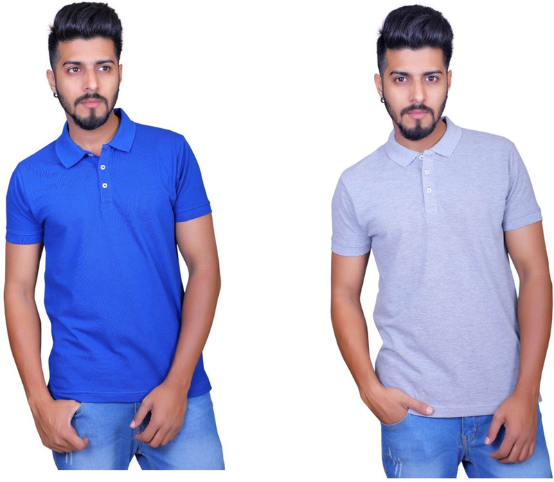 Thread Craft Solid Men Polo Neck Blue, Grey T-Shirt(Pack of 2)