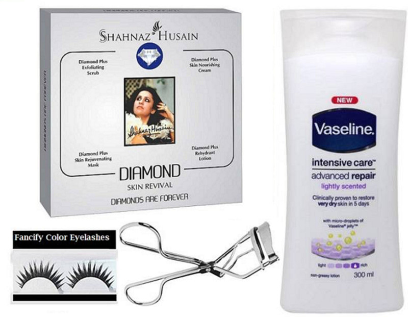 fancify combo Eyelashes & Shahnaz Husain Gold Facial Kit & Vaseline Intensive Care Advanced Repair Body With eyelashes Curler(set of 4).(Set of 4)