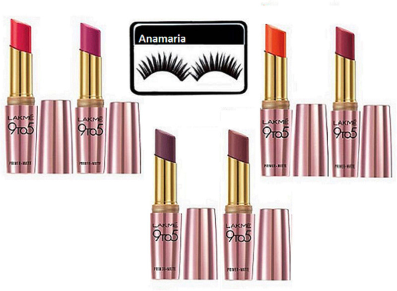 anamaria Eyelashes & Lakme 9 to 5 Primer Matte Lipstick (Pack Of 6)(7 Items in the set)
