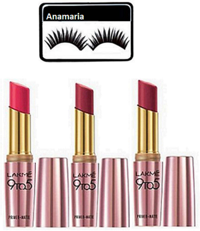 anamaria Eyelashes & Lakme 9 to 5 Primer Matte Lipstick (Pack Of 3)(4 Items in the set)