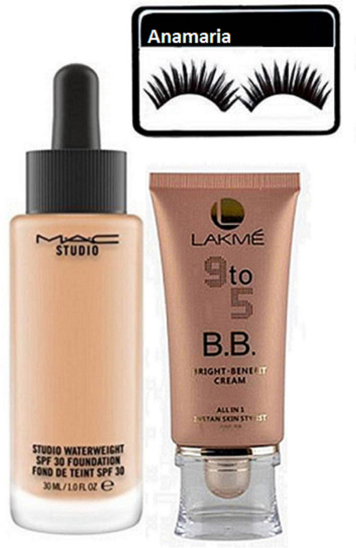 anamaria Eyelashes & Lakme 9 to 5 BB Bright Benefit Cream & Studio WaterWeight Foundation(Set of 3)