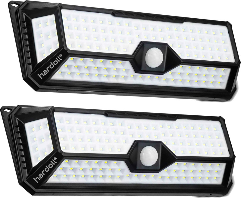 hardoll 136 LED Solar Motion Sensor Sensor waterproof outdoor security flood light for home garden gate wall with in built battery panel bulb in Lamp pack of 2 Solar Light Set(Wall Mounted Pack of 2)